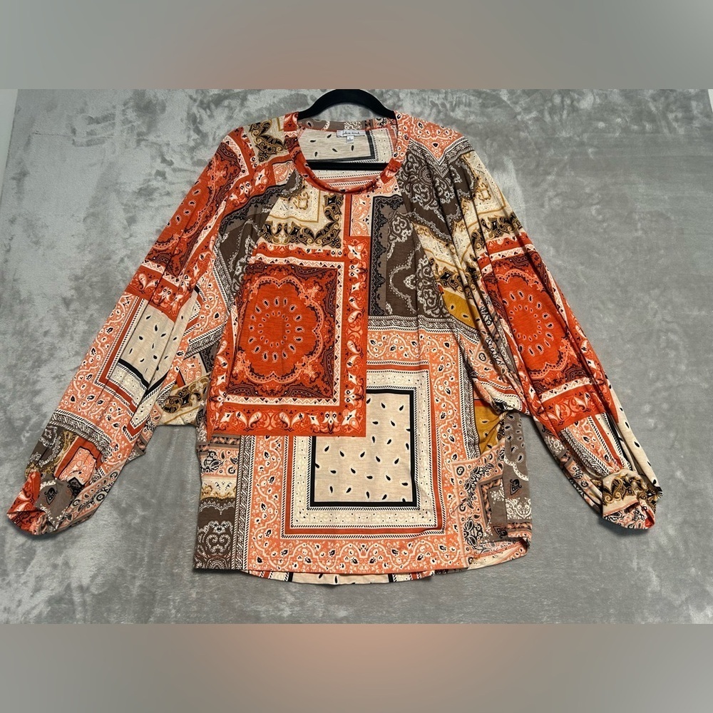 White Birch Flowy Slouchy Blouse Top Women’s Large Patchwork Orange Fall